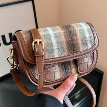 Женская сумка-седло в стиле ретро, новинка 2024 года, осенне-зимняя шерстяная женская сумка, маленькая сумка в клетку, сумка через плечо на одно плечо