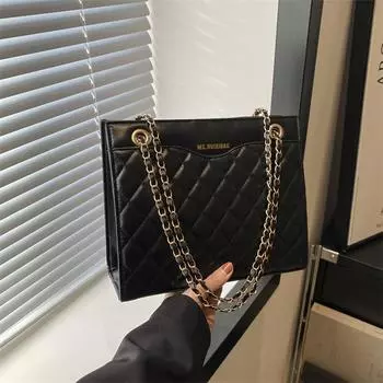 Женская сумка Shangxin 2024 года, новая модная универсальная сумка через плечо с цепочкой, корейская фактурная сумка через плечо с ромбом чёрный