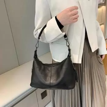 Женская сумка среднего возраста из воловьей кожи первого слоя, сумка для мамы с бахромой, модная сумка через плечо из натуральной кожи, модная атмосферная сумка чёрный