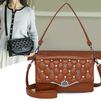 Женская сумка среднего возраста, мягкая кожаная сумка через плечо, большая вместительная сумка через плечо с бриллиантом чёрный