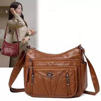 Женская сумка среднего возраста, мягкая кожаная сумка через плечо, большая вместимость, многослойная сумка через плечо коричневый