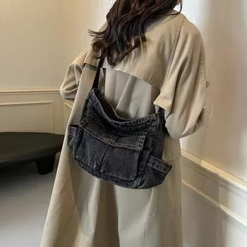 Женская сумка-тоут большой вместимости для поездок на работу из денима, сумка через плечо чёрный