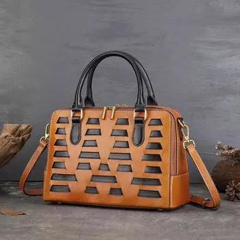 Женская сумка-тоут большой вместимости из натуральной кожи первого слоя из натуральной кожи ручной работы коричневый/чёрный