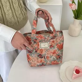 Женская сумка-тоут большой вместимости с цветочным принтом из холста — универсальный аксессуар для шопинга и поездок на работу Orange Blossom оранжевый