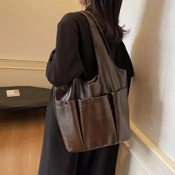 Женская сумка-тоут большой вместимости, винтажная сумка через плечо для поездок на работу и дальнего следования коричневый