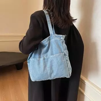 Женская сумка-тоут из денима, сумка через плечо, большая вместимость, сумка в стиле ретро для пригородных поездов темно-синий