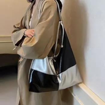 Женская сумка-тоут из искусственной кожи, большая вместимость, контрастный цвет, мягкая кожаная сумка через плечо чёрный