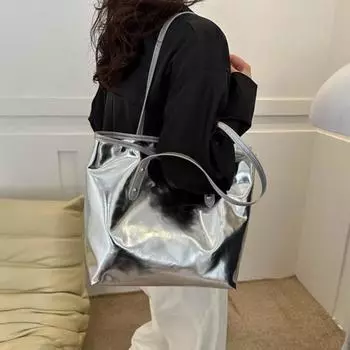 Женская сумка-тоут из искусственной кожи, однотонная сумка через плечо, глянцевая, повседневная, для подмышки, для телефона, ключей, карт, работы, путешествий, вечеринок серебряный