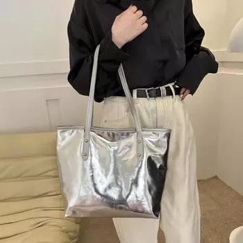 Женская сумка-тоут из искусственной кожи, однотонная сумка через плечо, глянцевая, повседневная серебряный