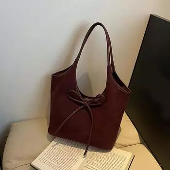 Женская сумка-тоут из искусственной кожи с бантом, большая вместимость, замшевая однотонная дизайнерская сумка через плечо с верхней ручкой, большая рабочая сумка 29x14x24cm вино красного