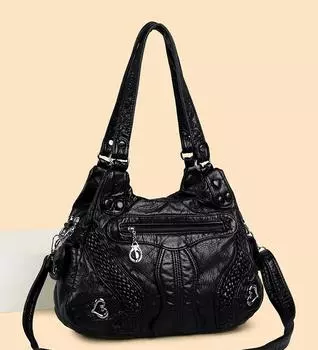 Женская сумка-тоут из мягкой кожи, сумка через плечо, винтажная сумка для мам среднего возраста чёрный