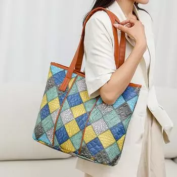 Женская сумка-тоут из мягкой кожи в клетку, цветная сумка через плечо коричневый