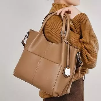 Женская сумка-тоут из натуральной кожи - весна/лето 2025 г., большая вместительная сумка через плечо и через плечо для мам чёрный