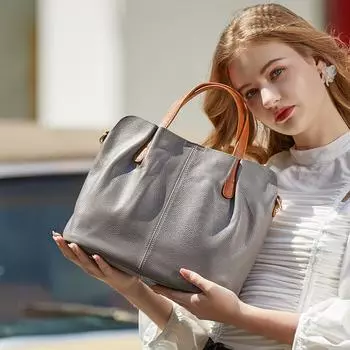 Женская сумка-тоут из натуральной кожи для матери и ребенка - большая вместимость, контрастный цвет, сумка через плечо