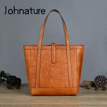 Женская сумка-тоут Johnature в стиле ретро, женская сумка из натуральной кожи, большая вместительная повседневная сумка на плечо из натуральной яловой кожи с ручным тиснением темно-коричневого