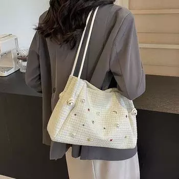 Женская сумка-тоут, портативная сумка через плечо с жемчужной инкрустацией, большая вместительная сумка для подмышек бежевый