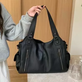 Женская сумка-тоут в стиле ретро 2025 года с большим объемом через плечо и через плечо — идеальный вариант для осени и зимы чёрный