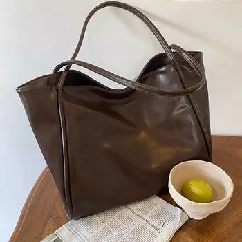 Женская сумка-тоут в стиле ретро, однотонная сумка подмышкой для студента, большая емкость, мягкая сумка через плечо из искусственной кожи, модная портативная сумка-ведро