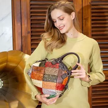 Женская сумка в этническом деревенском стиле, цветное столкновение, сращивание, натуральная кожа, сумка через плечо, индивидуальная модная женская сумка
