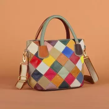 Женская сумка в клетку, лоскутное шитье, цвет National Leisure, сумка из коровьей кожи, одно плечо, сумка через плечо чёрный