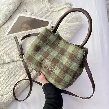 Женская сумка в клетку, осенне-зимний стиль, универсальная сумка, модная сумка-мешок в стиле ретро, сумка через плечо, сумка через плечо one size коричневый