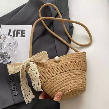 Женская сумка в отпускном стиле, ручной работы, на плечо, пляжная Khaki + Ribbon Silk Scarf