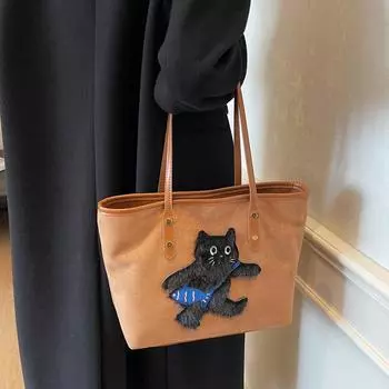 Женская сумка в стиле ретро большой вместимости, новая сумка через плечо для осени и зимы 2024 года, школьная сумка-тоут чёрный