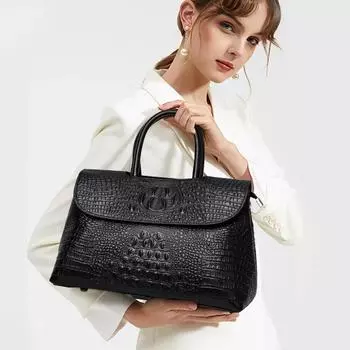 Женская сумка в стиле ретро из натуральной кожи с крокодиловым узором, большая вместительная сумка через плечо из коровьей кожи чёрный