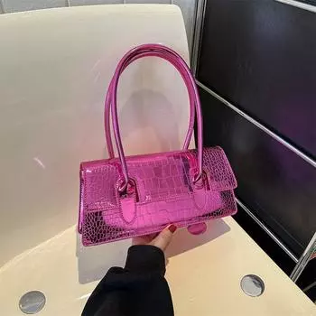 Женская сумка в стиле ретро, высококачественная текстура лакированной кожи, блестящая поверхность, крокодиловый узор, сумка-палка на подмышку, ручная сумка на одно плечо, маленькая сумка чёрный