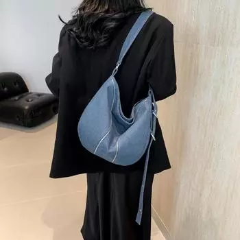 Женская сумка в студенческом стиле 2024 года, новая универсальная джинсовая ткань, сумка через плечо большой вместимости, повседневная сумка для поездок на работу, сумка для пельменей на одно плечо