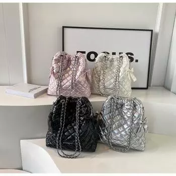 Женская сумка-ведро большой емкости с ромбовидной сеткой и бантом на цепочке подмышки, женская сумка Forest Moe, зимняя сумка через плечо на одно плечо чёрный