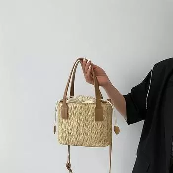 Женская сумка-ведро для отдыха, плетеная из травы, на завязках, через плечо, женская дорожная сумка в стиле бохо для отдыха, пляжная сумка 20x9x14cm чёрный