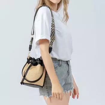 Женская сумка-ведро из искусственной кожи и соломы, дорожные сумки с широкой прошитой ручкой и завязками на шнурке, ручная работа, новая