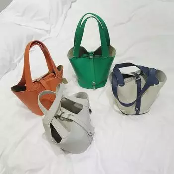 Женская сумка-ведро из искусственной кожи с цветными блоками и узором личи 2024 года в корейском стиле - универсальная сумка для матери и ребенка