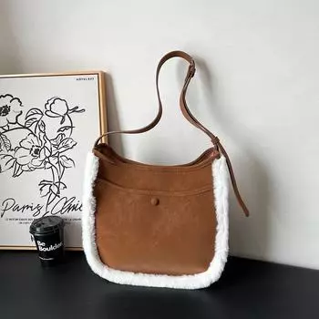 Женская сумка-ведро из матовой кожи и шерсти 2024 года – высококачественная вместительная сумка-тоут для осени/зимы 31*10*32 коричневый