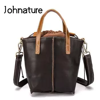 Женская сумка-ведро Johnature для отдыха, винтажная сумка из натуральной кожи, универсальные сумки на плечо и через плечо из натуральной яловой кожи чёрный