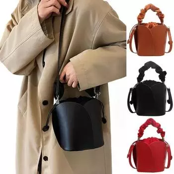 Женская сумка-ведро Petal, винтажная сумка из искусственной кожи на шнурке с регулируемым ремешком, сумка-тоут через плечо красный