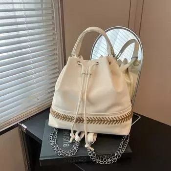 Женская сумка-ведро с цепочкой и завязками на плечо, многофункциональный рюкзак белый