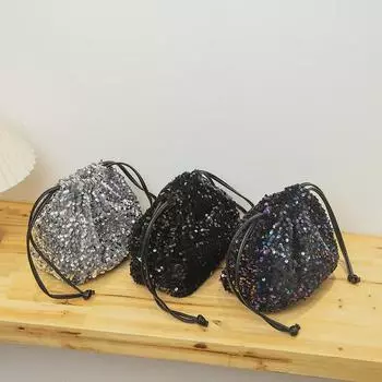 Женская сумка-ведро с цветными пайетками и завязкой через плечо с плиссированным дизайном