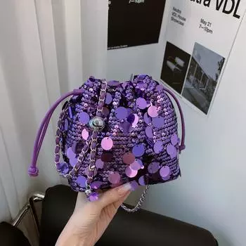 Женская сумка-ведро с завязками на шнурке, сумка-тоут, сумка-клатч, двусторонняя сумка-русалка с цепочкой и пайетками, женские блестящие сумки-ведро для вечеринок темно-фиолетовый