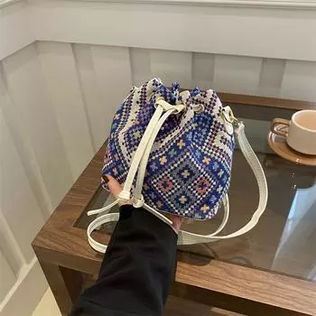 Женская сумка-ведро в этническом стиле с завязками на шнурке, лето 2024 года, новая старинная тканая вышитая тканая сумка Hanfu на удачу