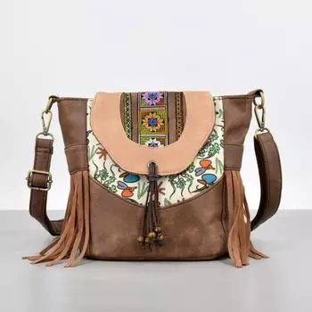 Женская сумка винтажная лоскутная цветная вышивка ПУ сумка косая сумка для мобильного телефона холщовая сумка с кисточками косая сумка маленькая квадратная сумка темно-коричневого