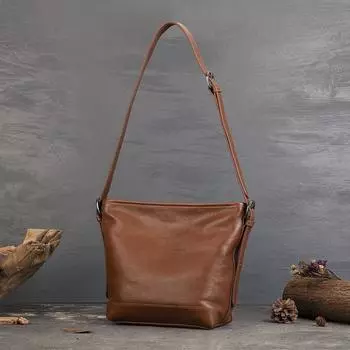Женская сумка винтажная сумка-ведро из коровьей кожи с растительным дублением, повседневная сумка через плечо большой емкости коричневый