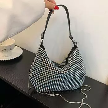 Женская сумка Яркая сумка через плечо с бриллиантами Женская сумка через плечо с цепочками Роскошная сумка-мессенджер со стразами Роскошная женская сумка под подмышками Ежедневные сумки One Size серебряный