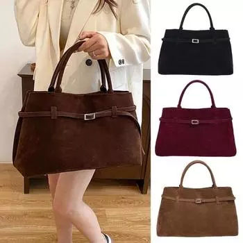 Женская сумочка из искусственной замши в винтажном стиле с матовой поверхностью, большая вместимость, декор на поясе кофейный