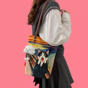 Женская сумочка, симпатичная сумка-ведро с мультяшным принтом, переносная сумка-цилиндр, холщовая сумка-тоут, сумки для ланча для студентов и девочек коричневый