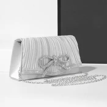 Женская сумочка со съемным цепочным ремешком, декор в виде банта со стразами, плиссированная, в форме конверта, магнитная чёрный