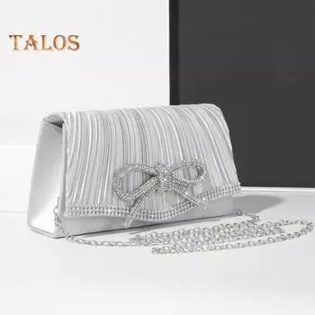 Женская сумочка со съемным цепочным ремешком, декорированная стразами, бантом, плиссированная, в форме конверта, с магнитной застежкой для телефона, помады, духов, выпускного вечера чёрный