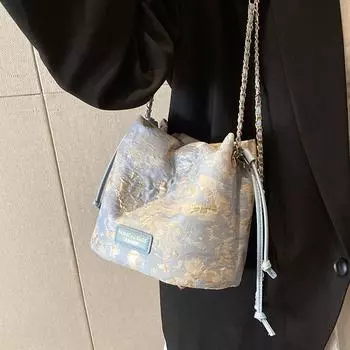 Женская сумочка в китайском стиле, новая маленькая вышитая шелковая сумка-ведро на одно плечо с цепочкой