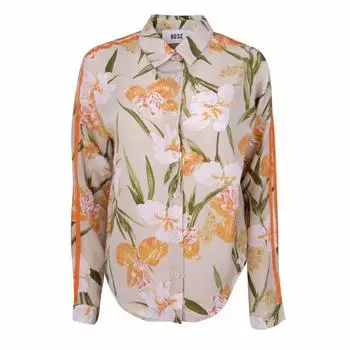 Женская светлая рубашка с цветочным принтом, оранжевой окантовкой рукавов и декоративной пуговицей РОЗОВАЯ.